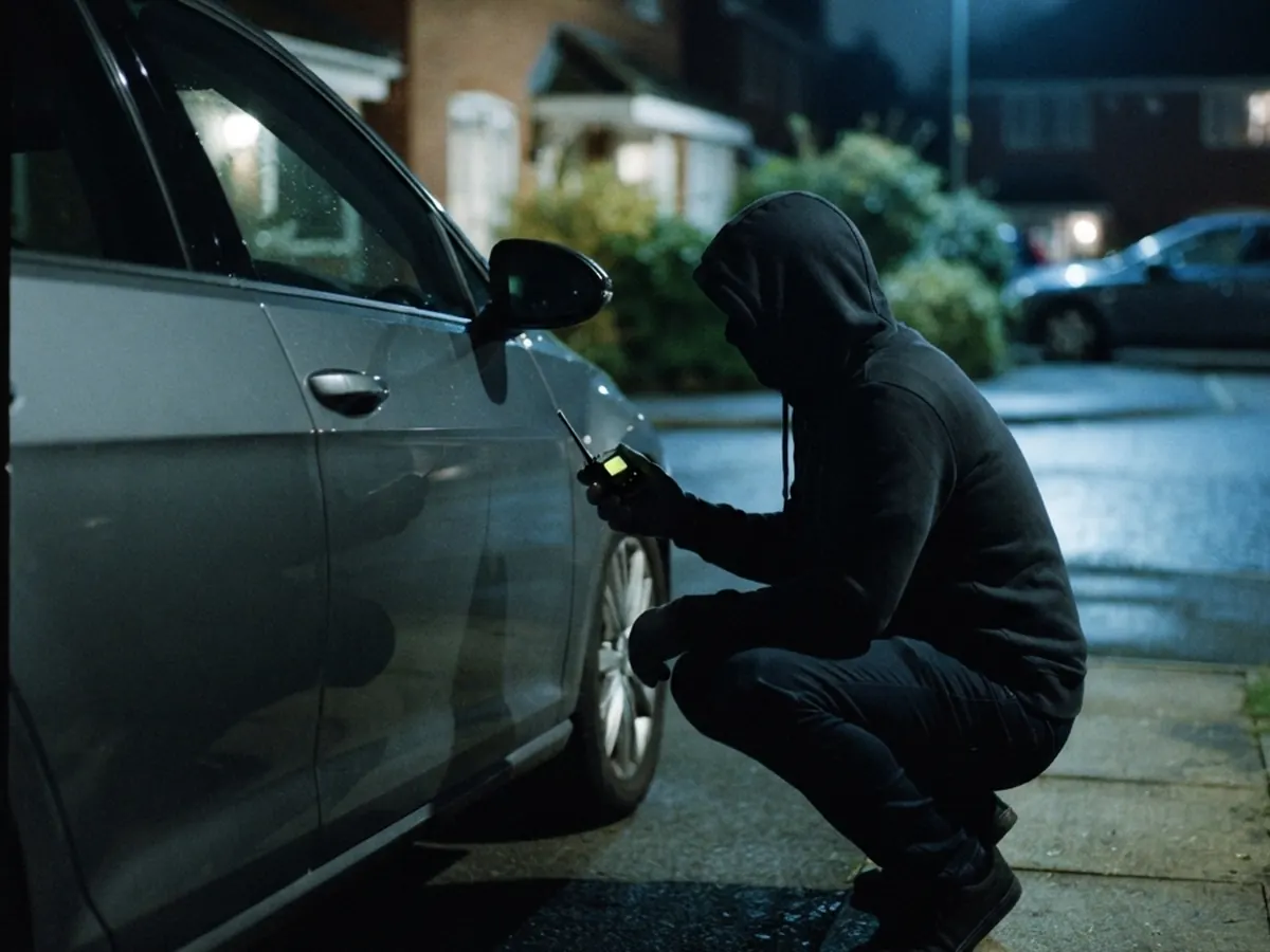 A thief crouched by a car door at night, holding a relay device