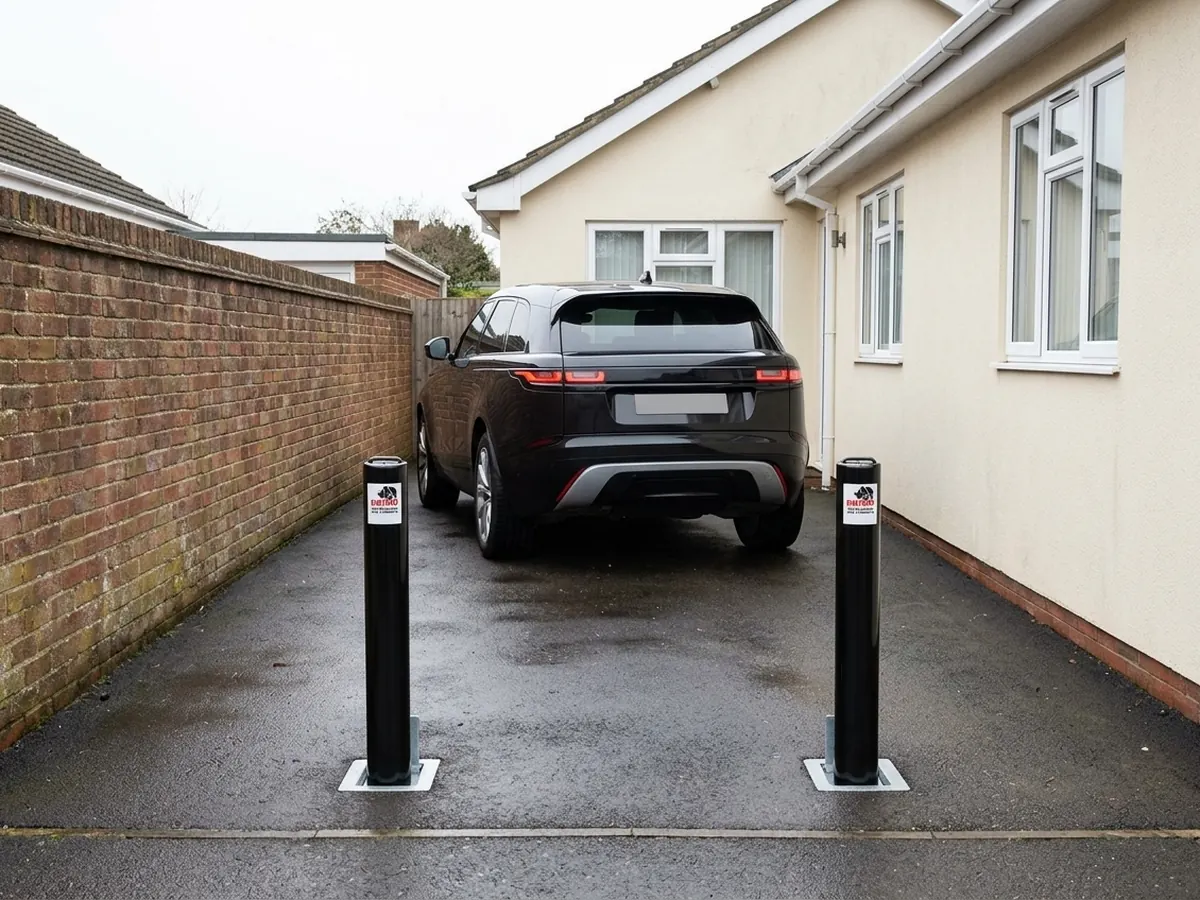 Two black heavy-duty bollards in front of an SUV on a tarmac driveway