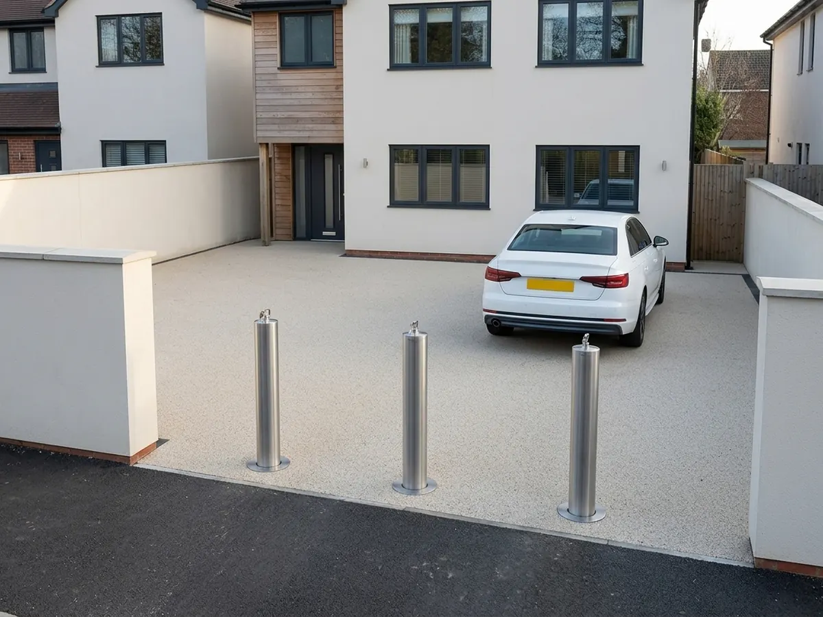 Stainless steel bollards across a resin driveway
