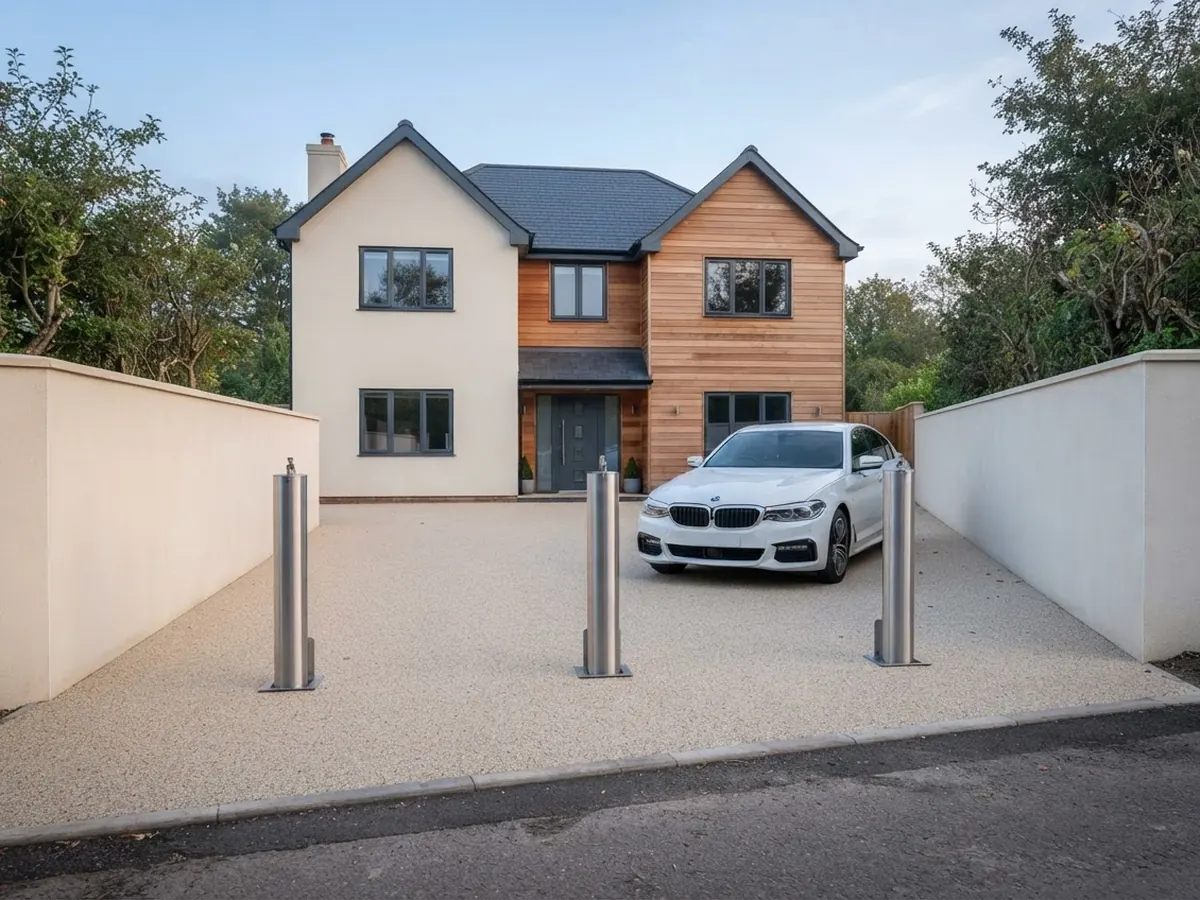 Three stainless steel telescopic bollards in front of a house with a resin driveway